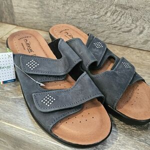 Flexus Spring Step Aditi Denim Navy Blue Adjustable Comfort Slide Sandals